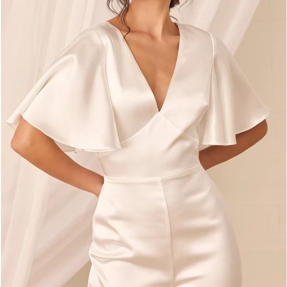 Lulus Forever Awaits White Satin Flutter Sleeve Jumpsuit Bridal Size S - Picture 7 of 7